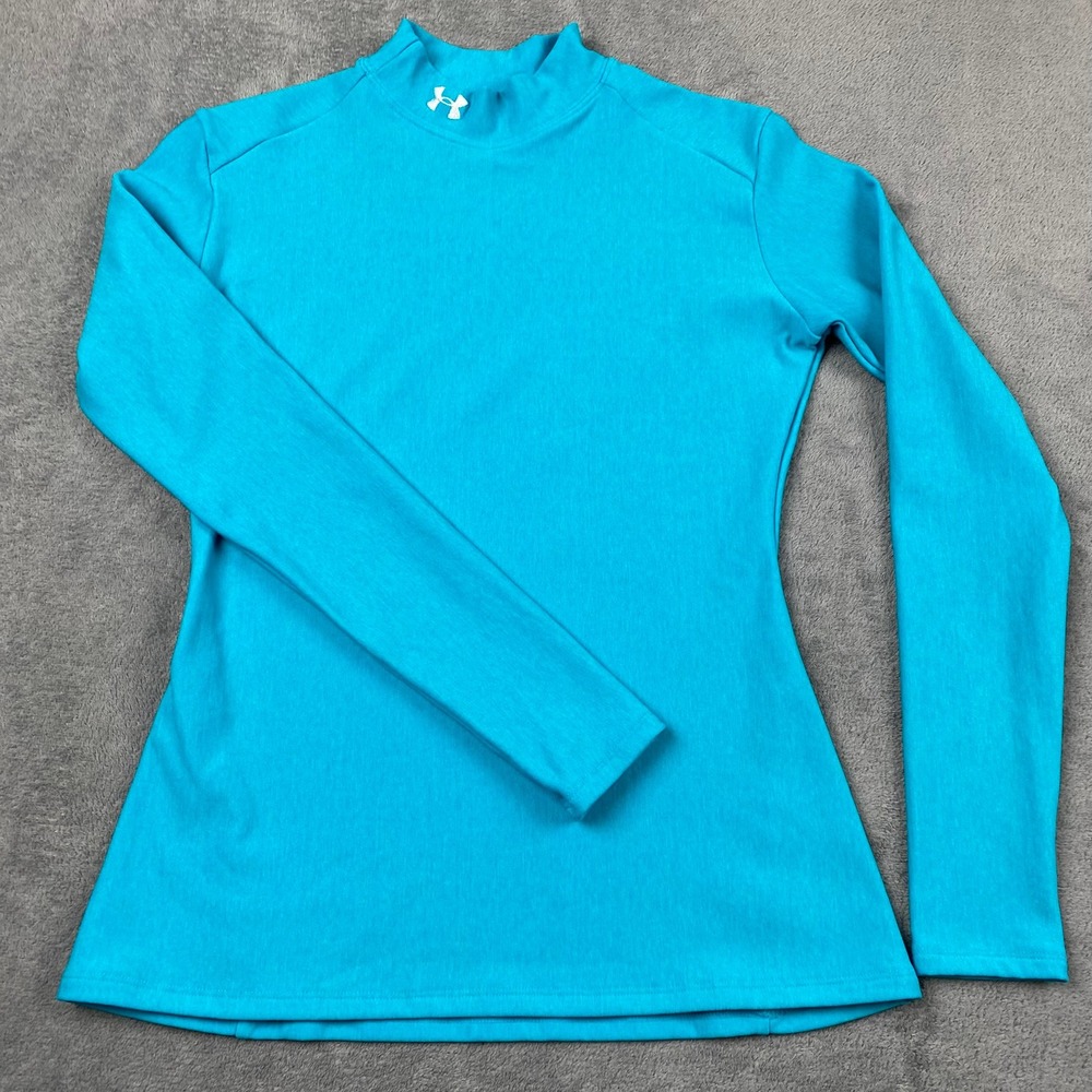 Under Armour Women Large Mock Neck Top Turquoise ColdGear Long Sleeve Activewear